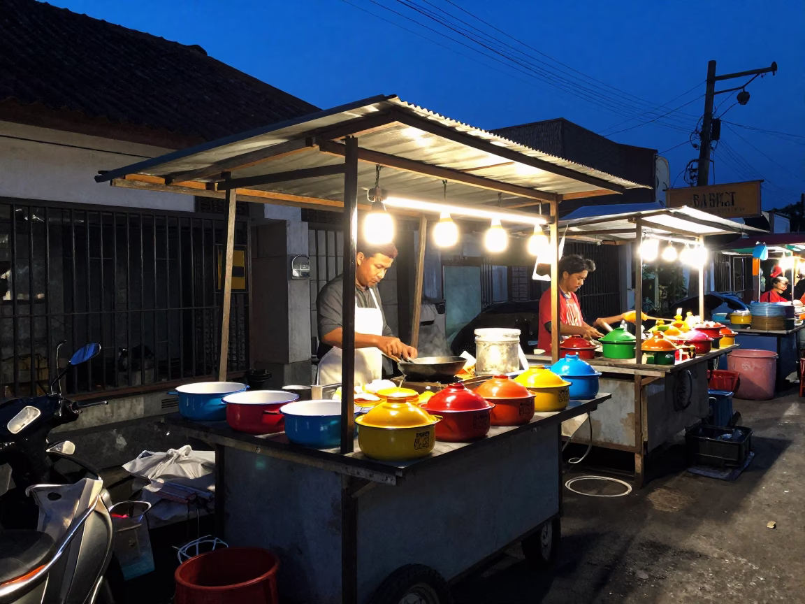 Evening Street Food Stall in Denpasar Indonesia with Colorful Enamel Bowls and Local Diners in in Denpasar, Indonesia