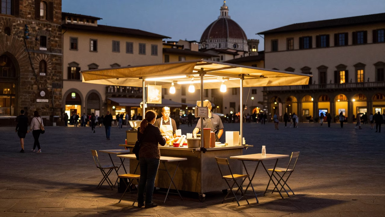 Evening street food stall in Florence Italy with folding tables and local dining atmosphere in in Florence, Italy
