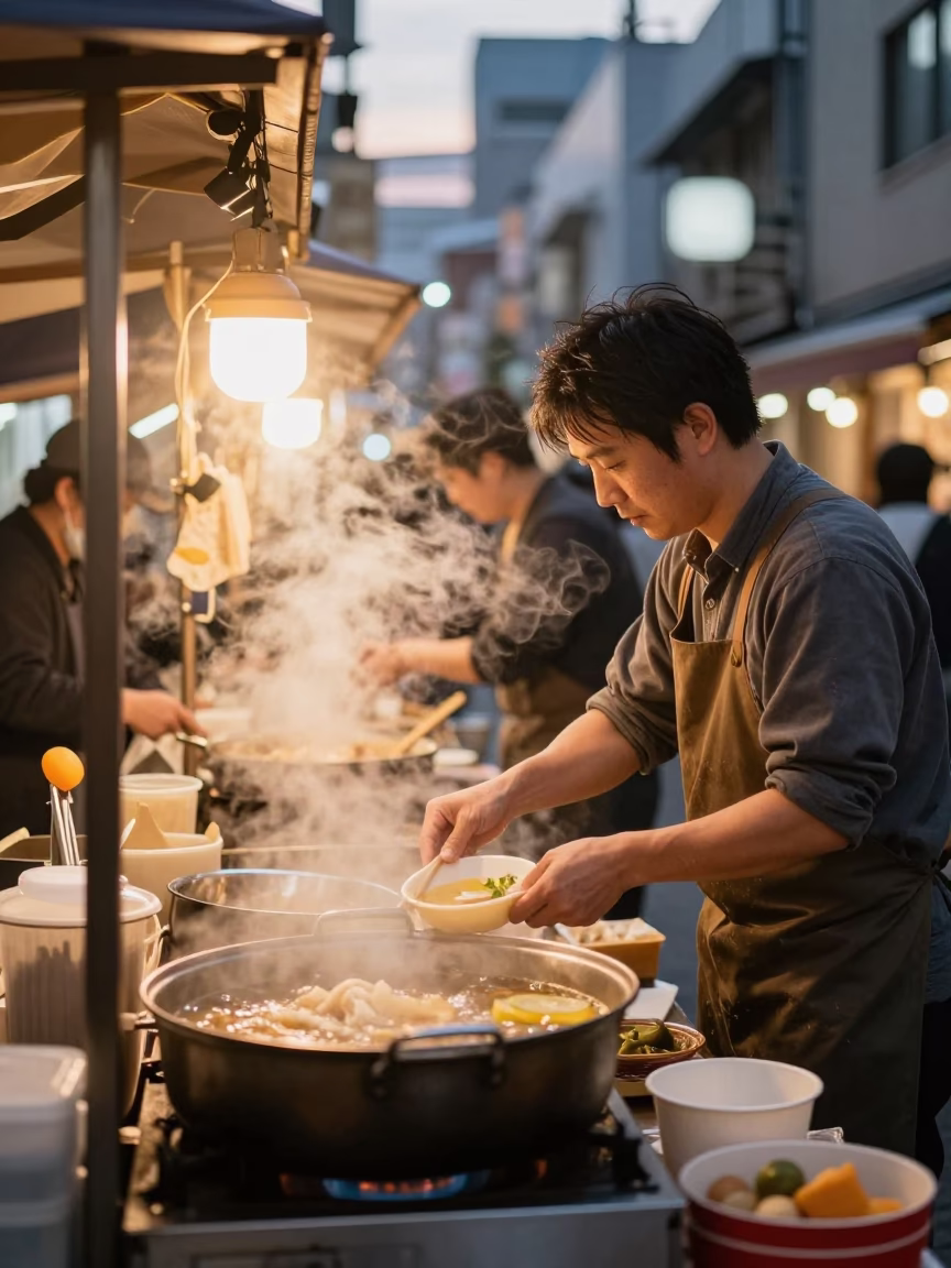 Evening street food stall in Fukuoka Japan with steam and urban background in in Fukuoka, Japan