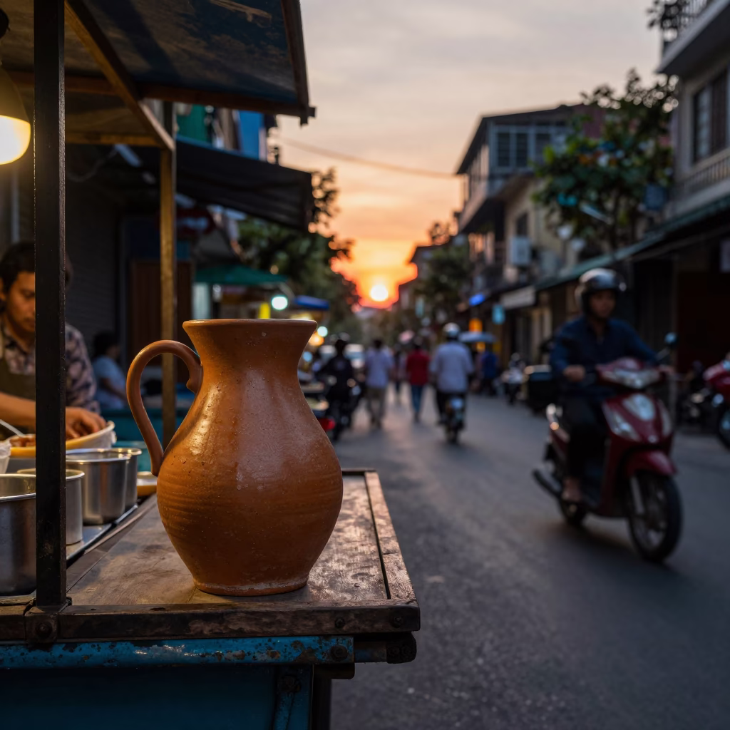 Evening street food stall in Hanoi Vietnam with ceramic pitcher and padlock in in Hanoi, Vietnam