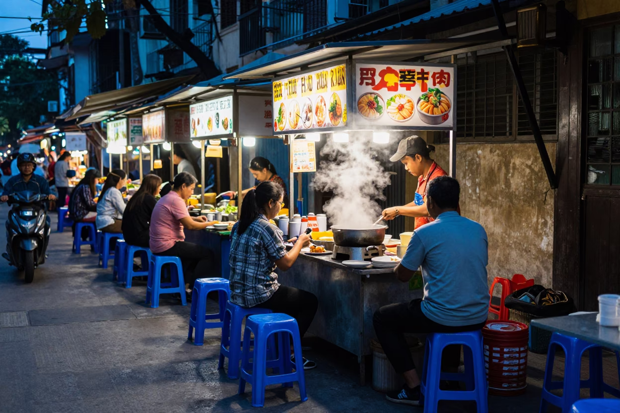 Evening Street Food Stall in Hanoi Vietnam with Plastic Stools and Local Dining in in Hanoi, Vietnam