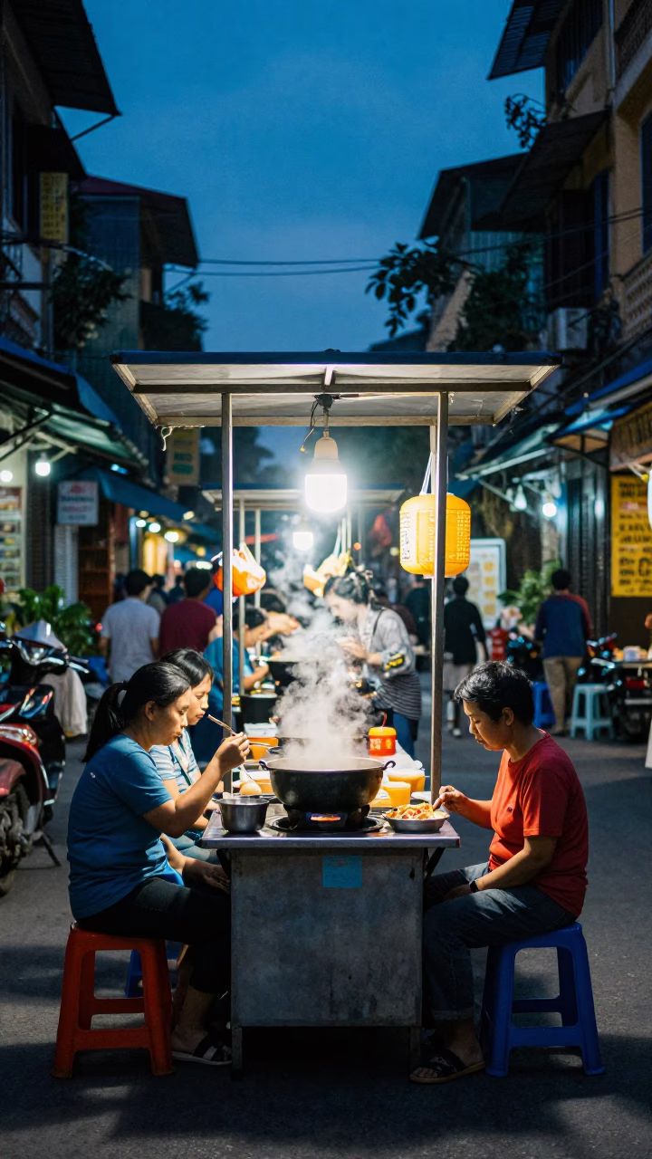 Evening Street Food Stall in Hanoi Vietnam with Steaming Hotpot and Local Diners in in Hanoi, Vietnam