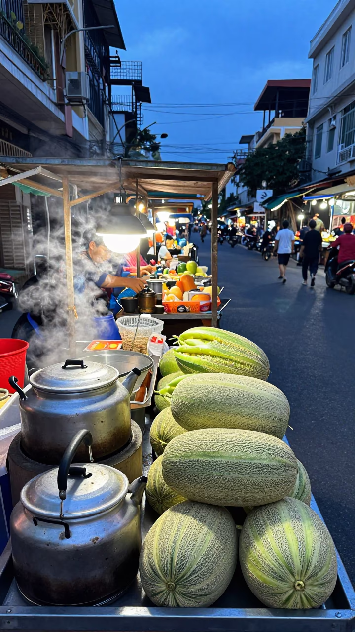 Evening Street Food Stall in Ho Chi Minh City Vietnam with Melons and Kettle in in Ho Chi Minh City, Vietnam
