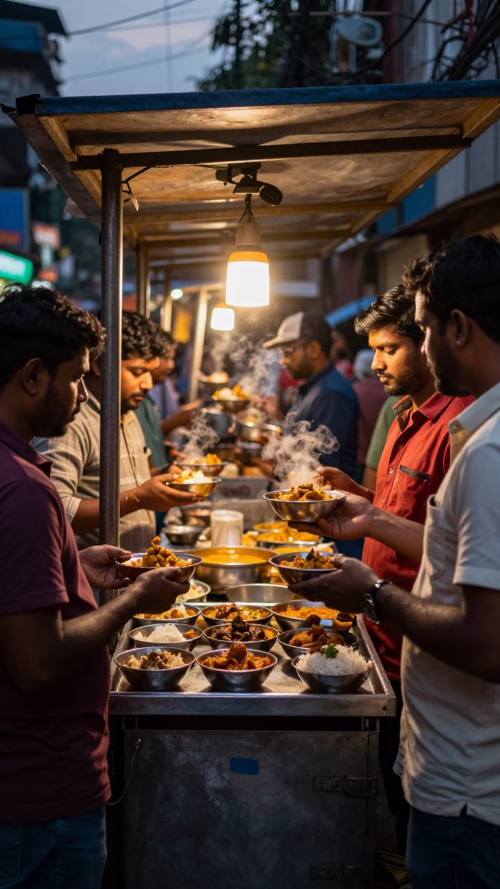 Evening Street Food Stall in Kolkata India with Serving Bowls and Local Diners in in Kolkata, India