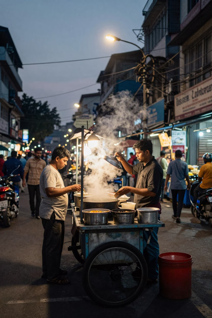 Evening Street Food Stall in Kolkata India with Steam and City Lights in in Kolkata, India