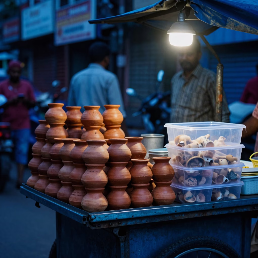 Evening street food stall in Kolkata with stacked clay pots and plastic containers in in Kolkata, India