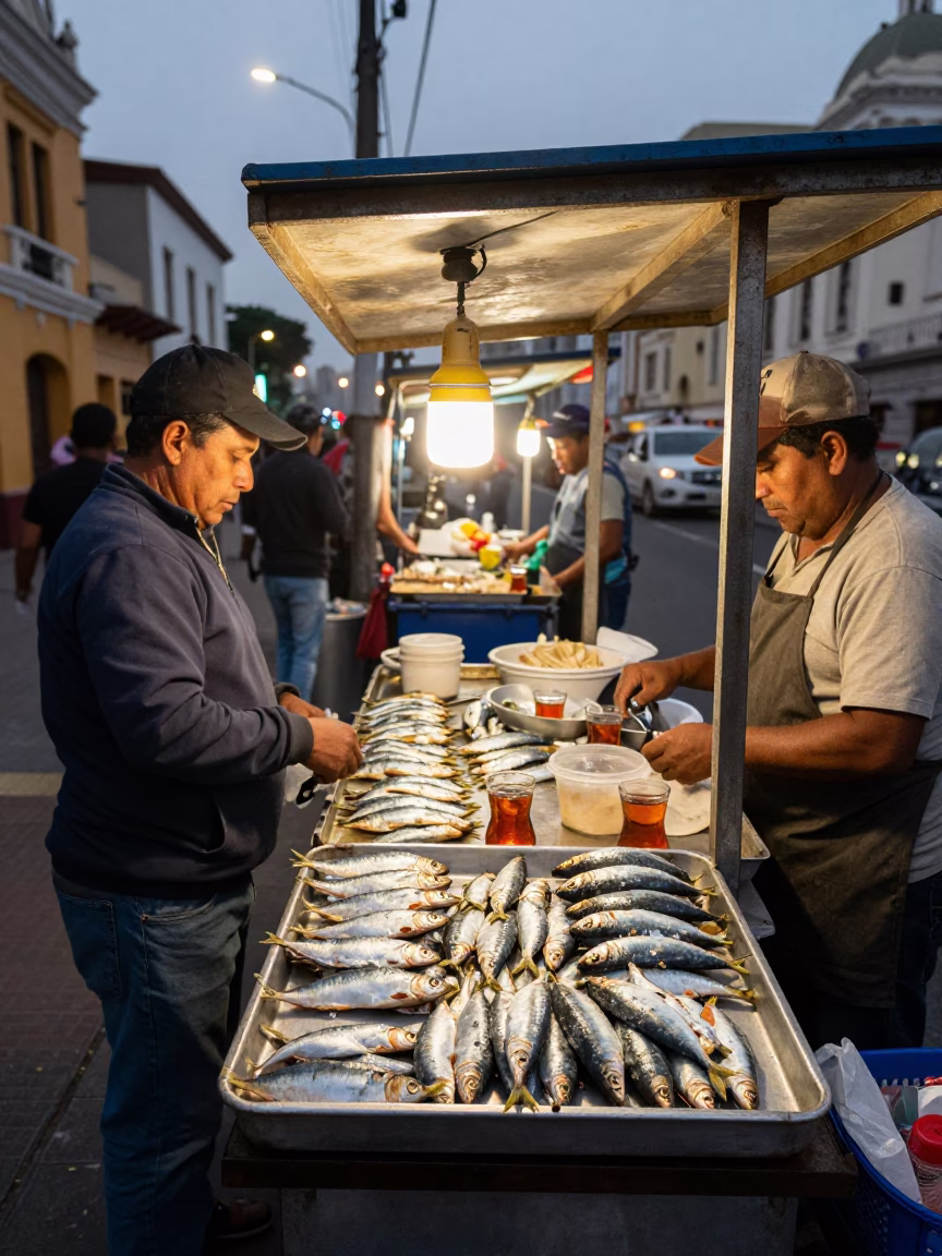 Evening street food stall in Lima Peru with sardines and tea canister in in Lima, Peru