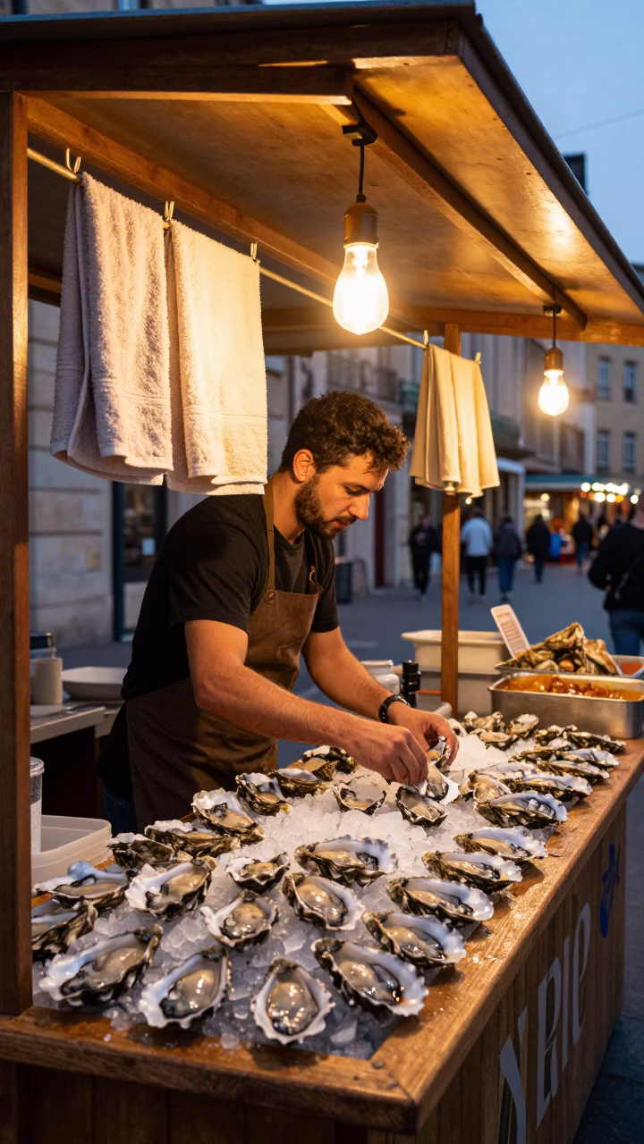 Evening Street Food Stall in Lyon France with Drying Towels and Oysters in in Lyon, France