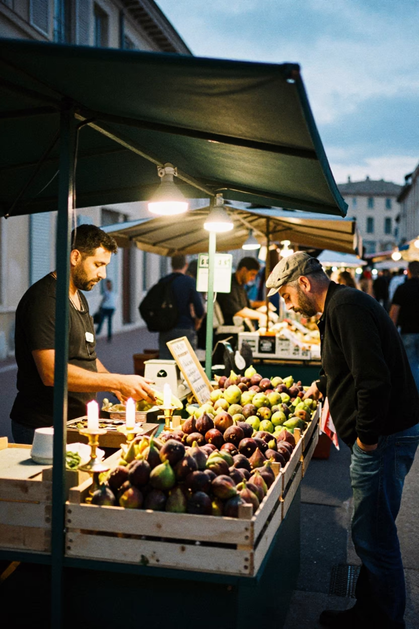 Evening street food stall in Marseille France with candlesticks and figs in in Marseille, France