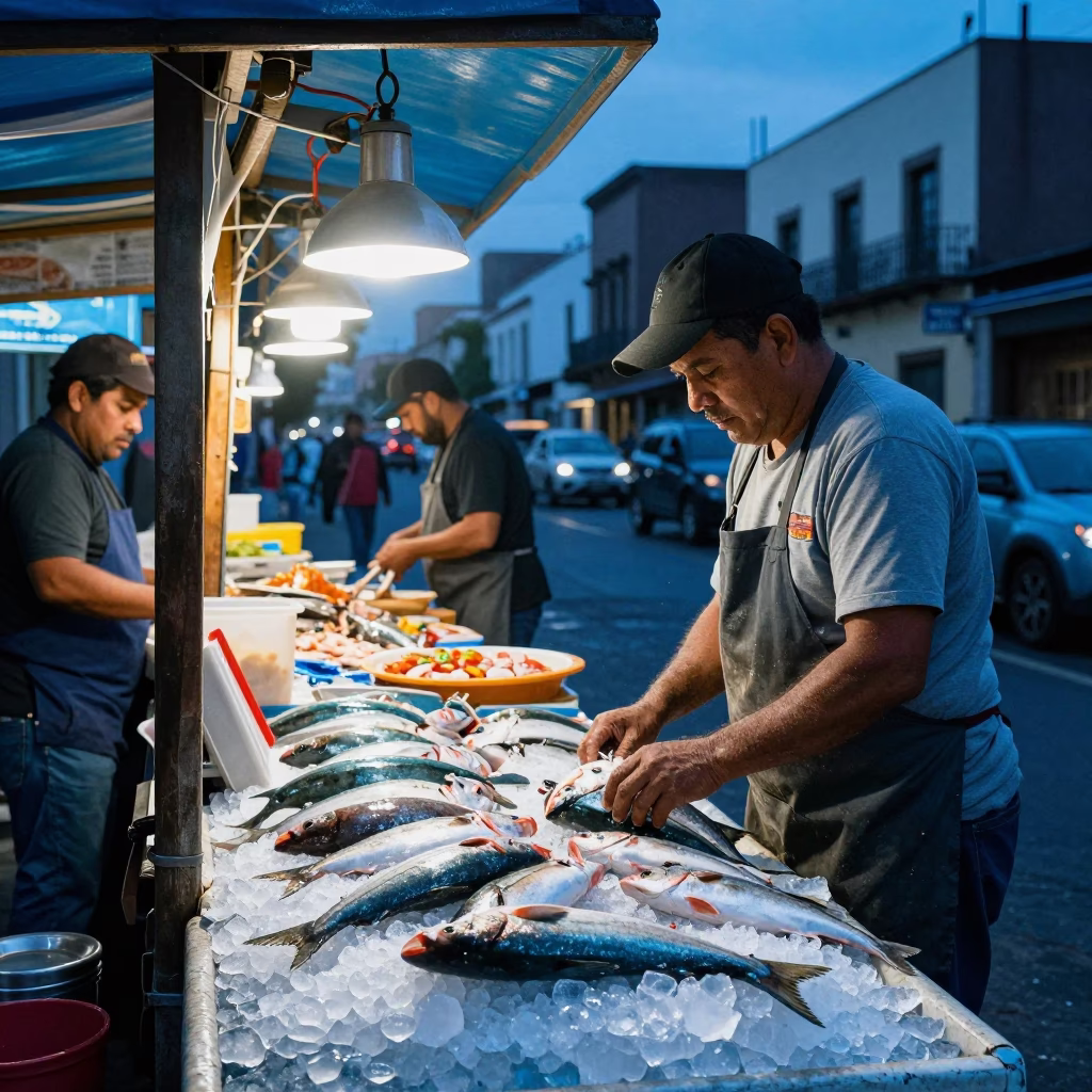 Evening Street Food Stall in Mexico City with Fishmonger and Ice Display in in Mexico City, Mexico
