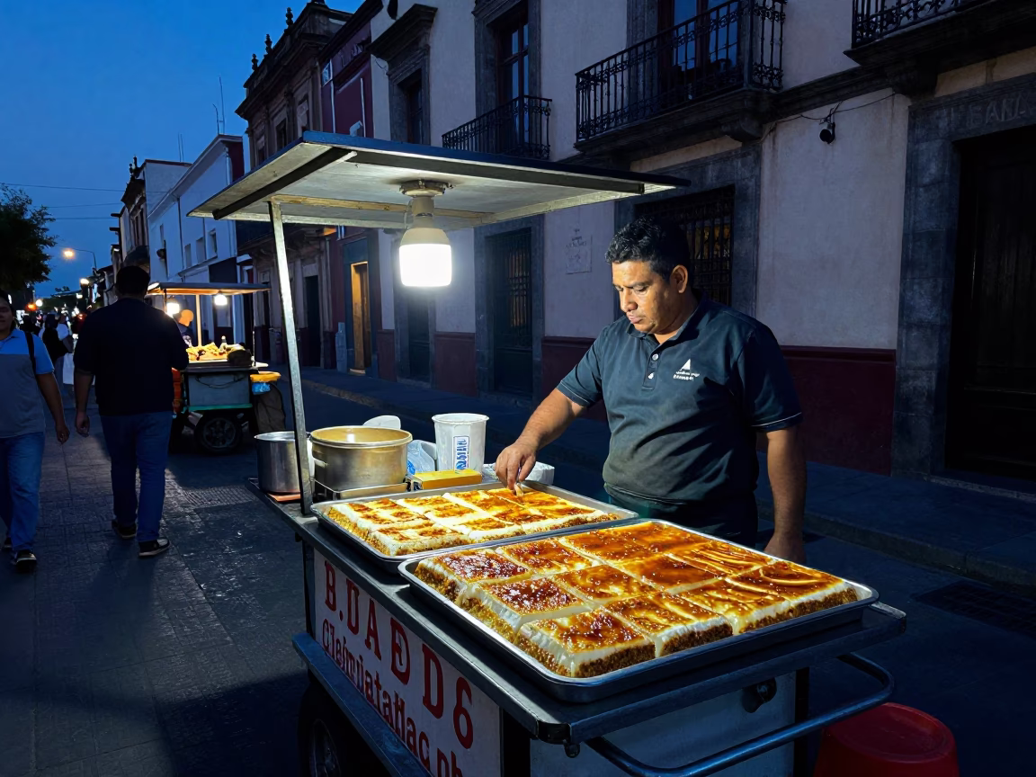 Evening Street Food Stall in Mexico City with Tray of Knafeh and Pistachio Syrup in in Mexico City, Mexico