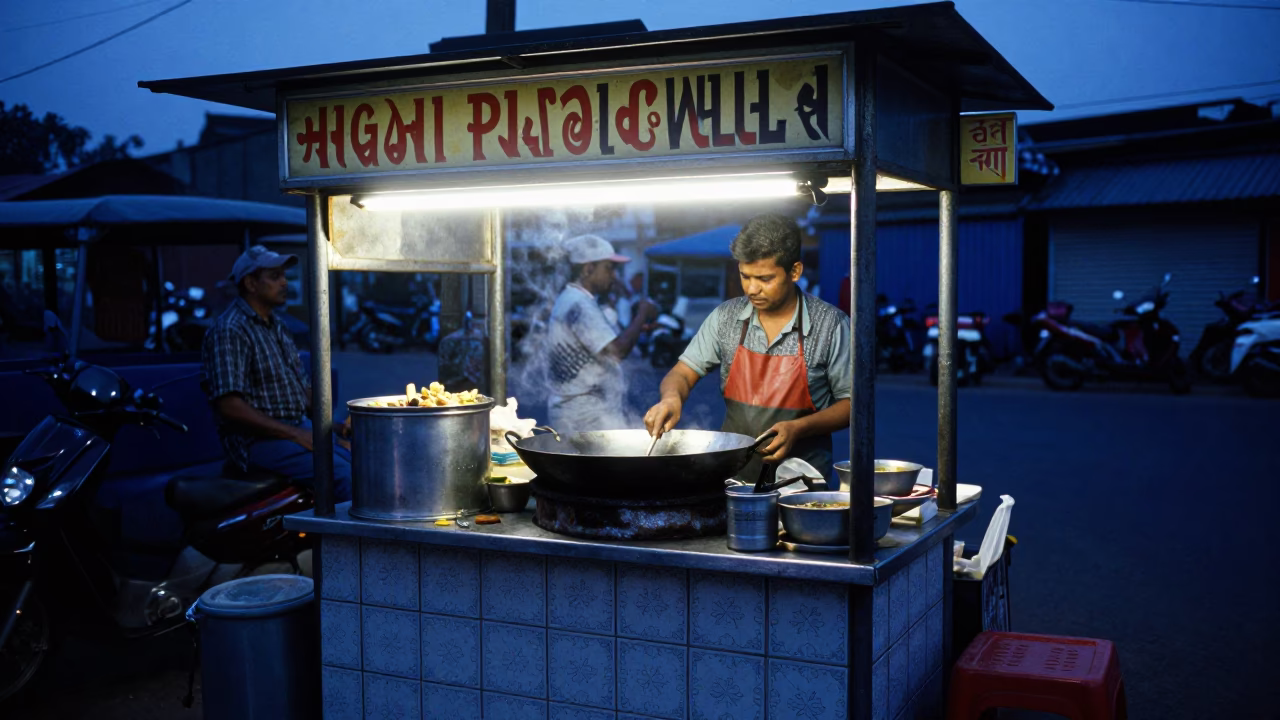 Evening street food stall in Mumbai India with ceramic tiles and goblet in in Mumbai, India