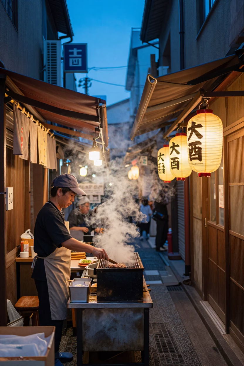 Evening Street Food Stall in Osaka Japan with Steam and Lanterns in in Osaka, Japan