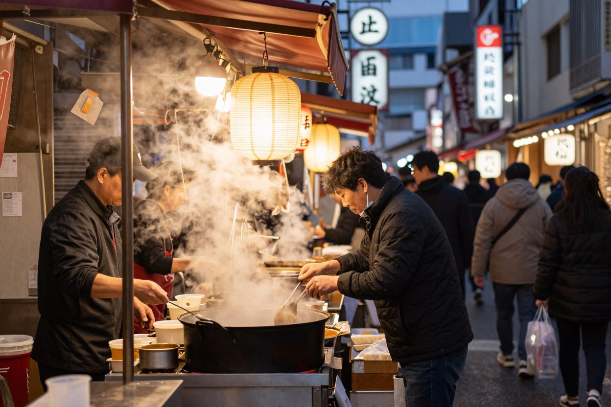 Evening Street Food Stall in Osaka Japan with Steam Haze and Cooking Pot in in Osaka, Japan