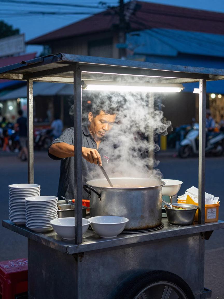 Evening Street Food Stall in Phnom Penh Cambodia with Bowls and Utensils in in Phnom Penh, Cambodia