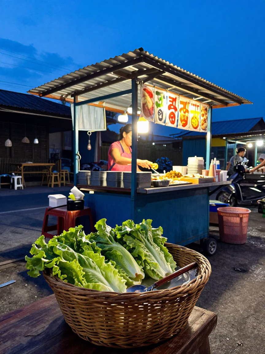 Evening street food stall in Phuket Thailand with wicker basket and hydrangea flowers in in Phuket, Thailand