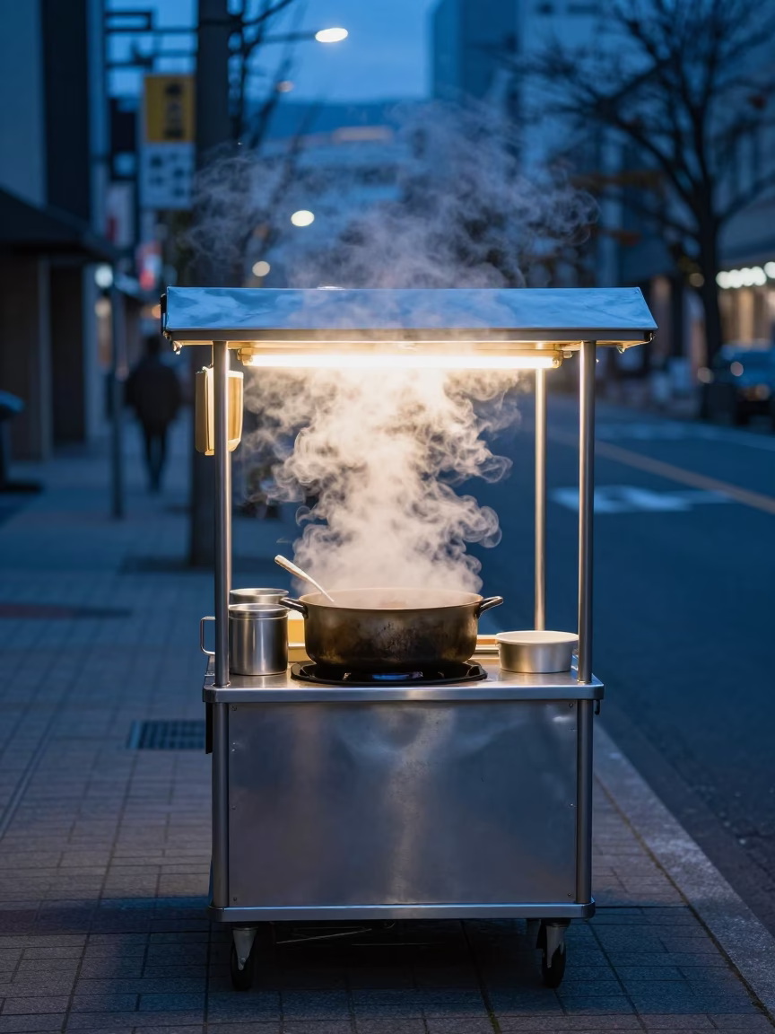 Evening Street Food Stall in Sapporo Japan Steam Rising from Saucepan in in Sapporo, Japan