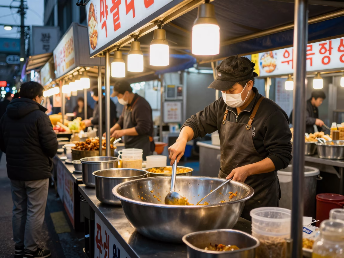 Evening Street Food Stall in Seoul South Korea with Metal Bowl and Spoon in in Seoul, South Korea