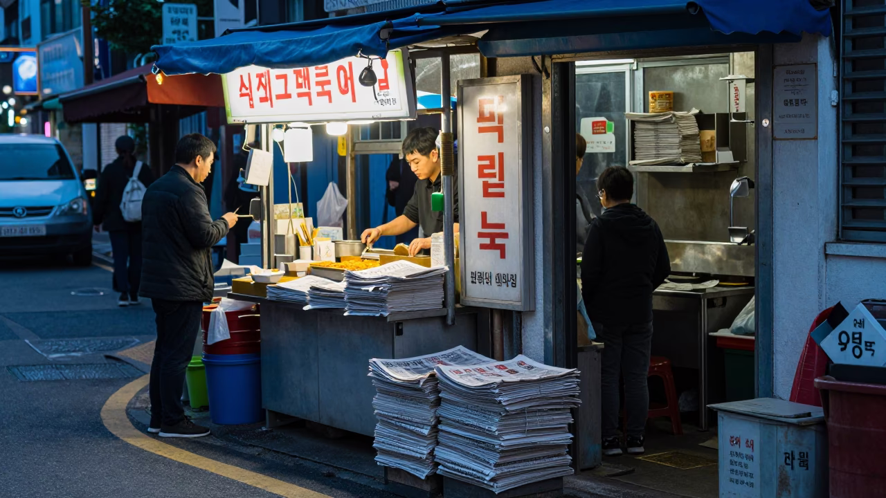 Evening street food stall in Seoul with newspaper stack and steam haze in in Seoul, South Korea
