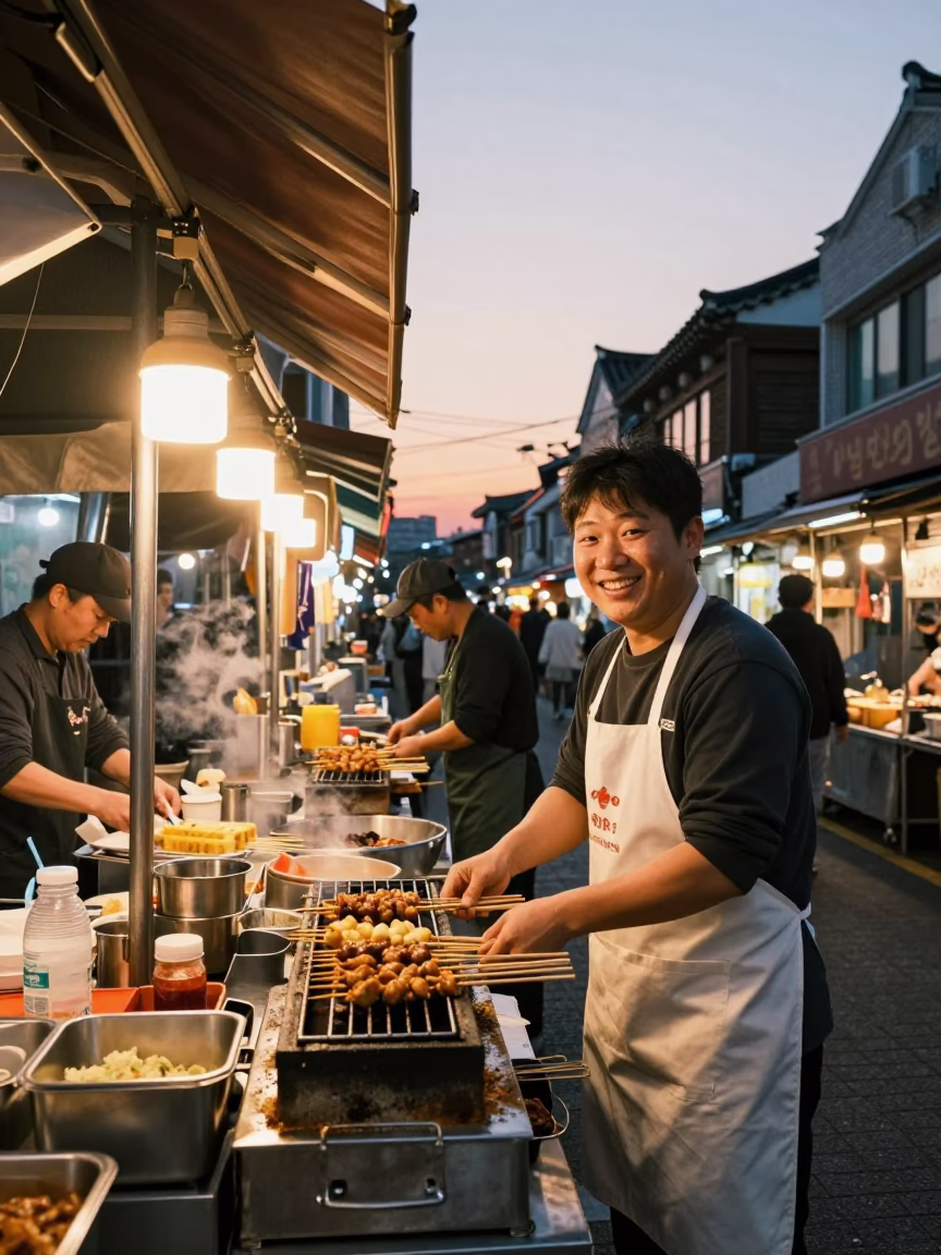 Evening Street Food Stall in Seoul with Smiling Vendor and Customers in in Seoul, South Korea