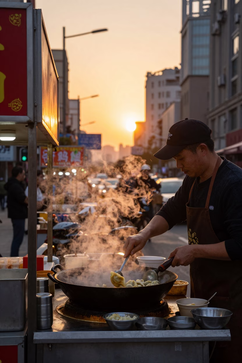 Evening Street Food Stall in Shanghai China with Steam and Urban Skyline in in Shanghai, China