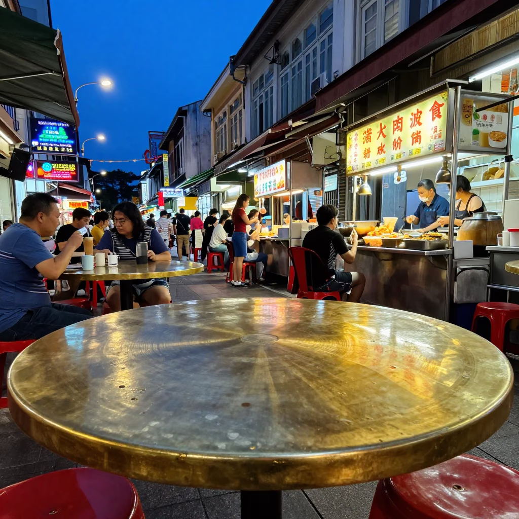 Evening Street Food Stall in Singapore with Brass Tabletop and Condiment Pitcher in in Singapore, Singapore