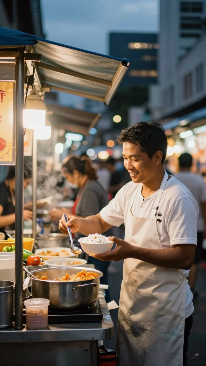 Evening Street Food Stall in Singapore with Diners Enjoying Local Cuisine in in Singapore, Singapore