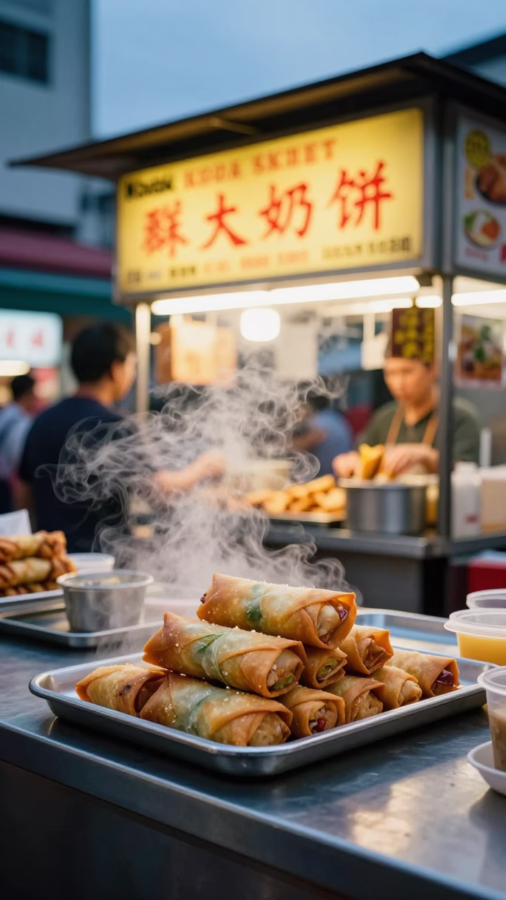 Evening Street Food Stall in Singapore with Spring Rolls and Tea Stains in in Singapore, Singapore