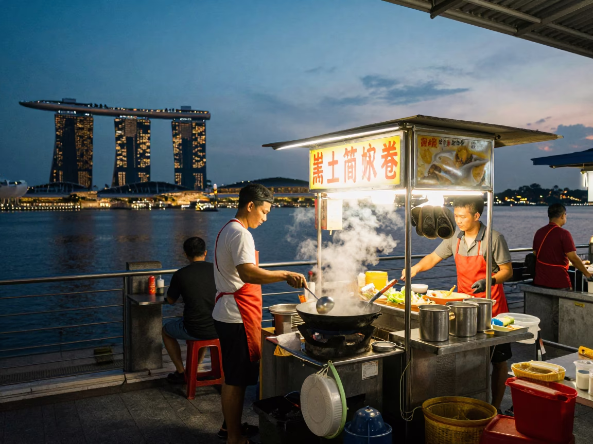 Evening Street Food Stall in Singapore with Steamship Harbor View in in Singapore, Singapore