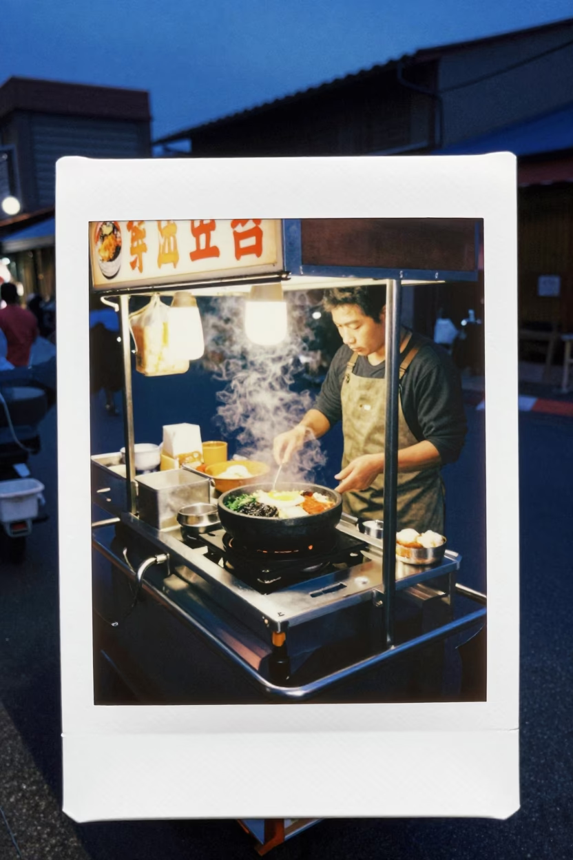 Evening Street Food Stall in Tainan Taiwan with Sizzling Dolsot Bibimbap and Urban Life in in Tainan, Taiwan