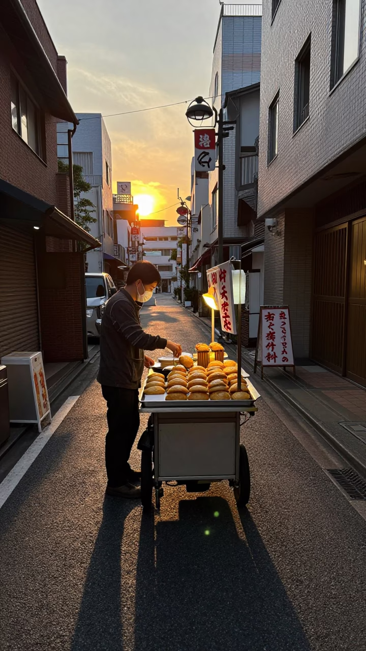 Evening Street Food Stall in Tokyo with Golden Pastries and Urban Background in in Tokyo, Japan