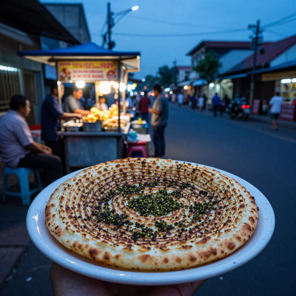 Evening street food stall in Yogyakarta Indonesia with plate of manakeesh zaatar and paintbrush in in Yogyakarta, Indonesia