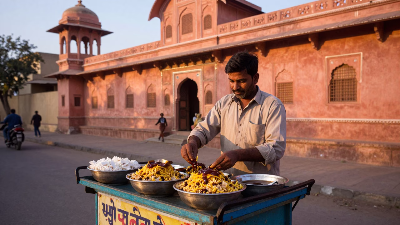 Evening Street Food Stall with Chaat and Tamarind Chutney in Jaipur India in in Jaipur, India