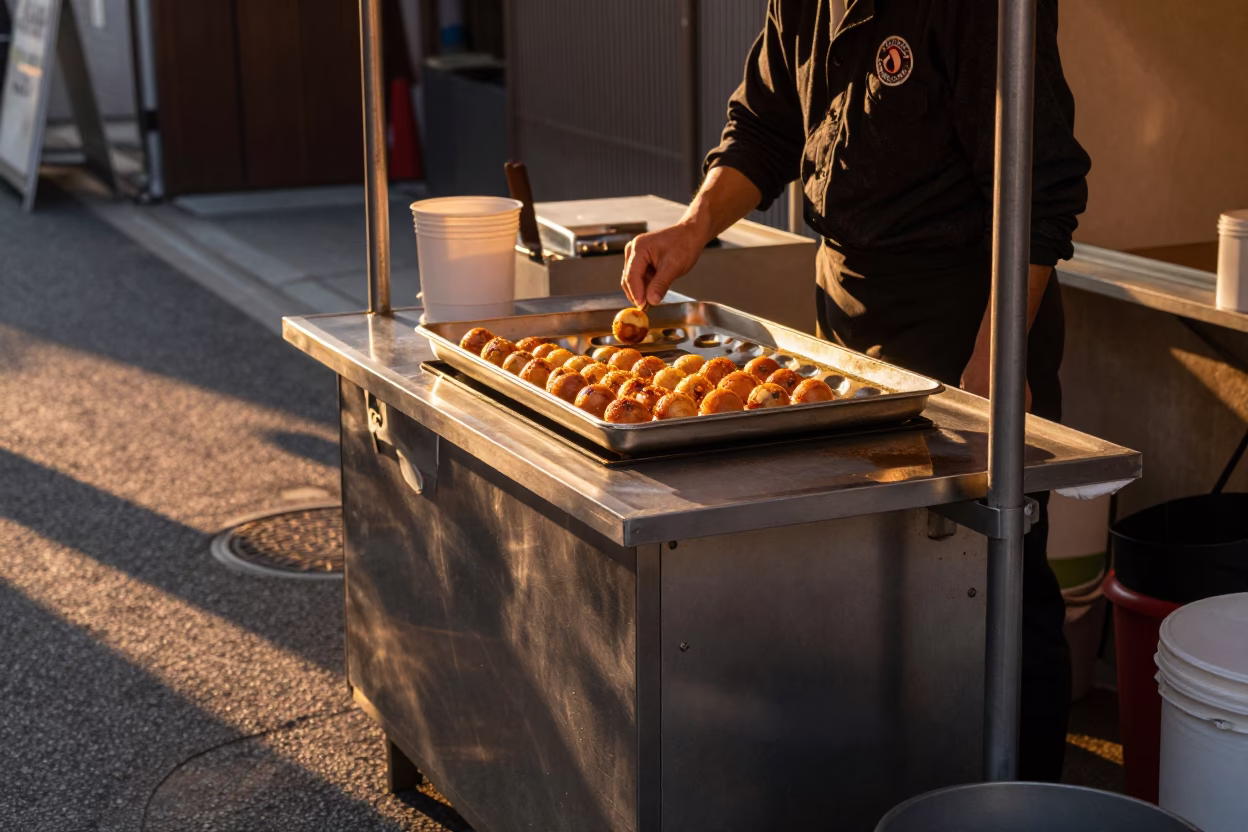 Evening street food stall with takoyaki tray and sunset light in Fukuoka Japan in in Fukuoka, Japan