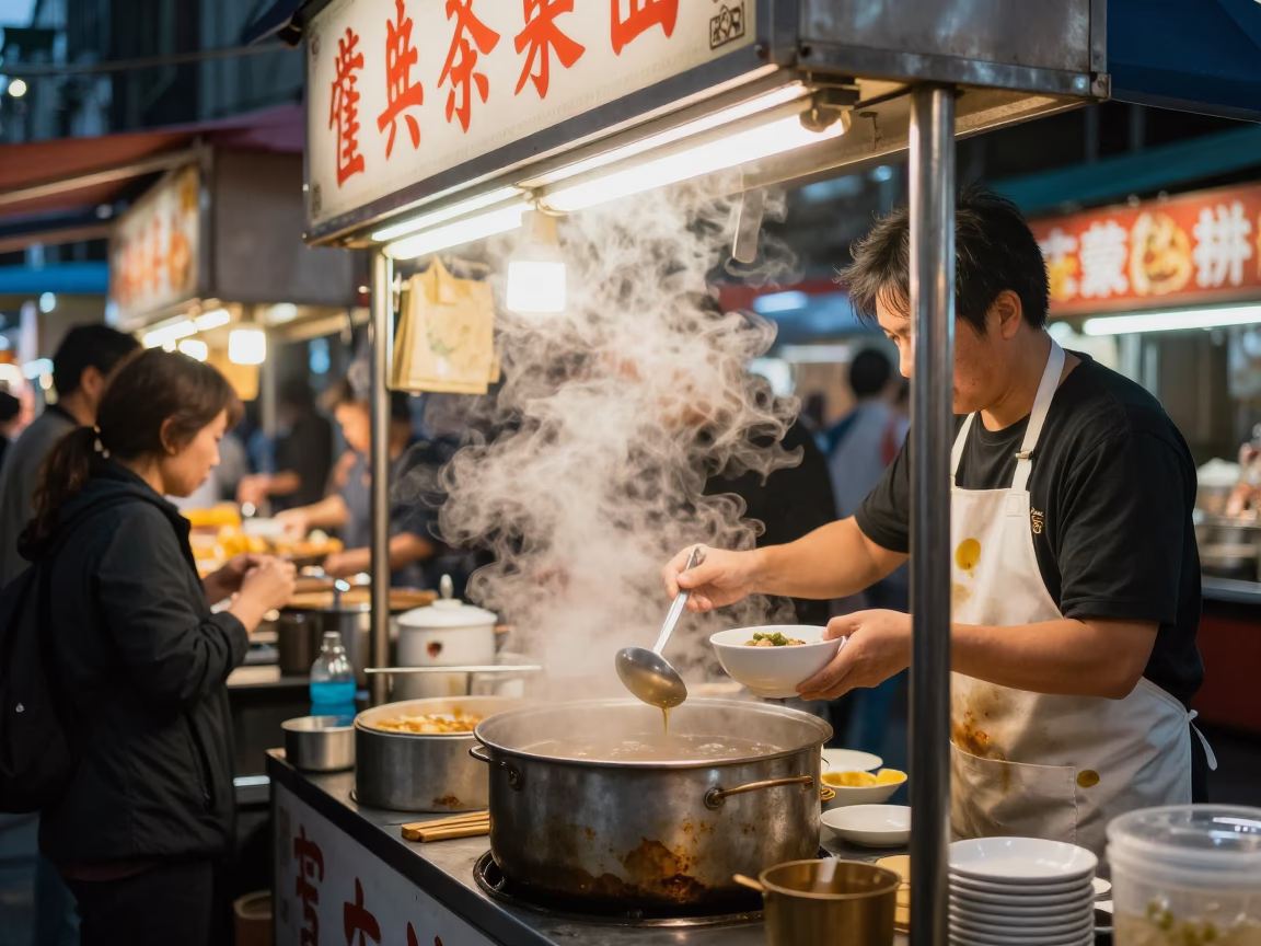 Evening Street Food Stall with Tea Stains and Skewers in Taipei in in Taipei, Taiwan