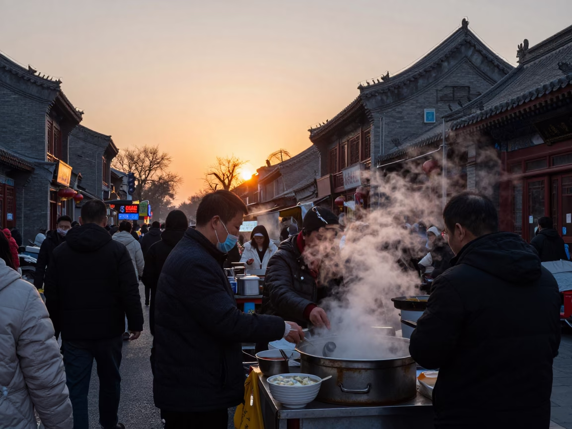 Evening Street Food Vendor in Beijing Selling Wonton Soup and Green Vegetables in in Beijing, China