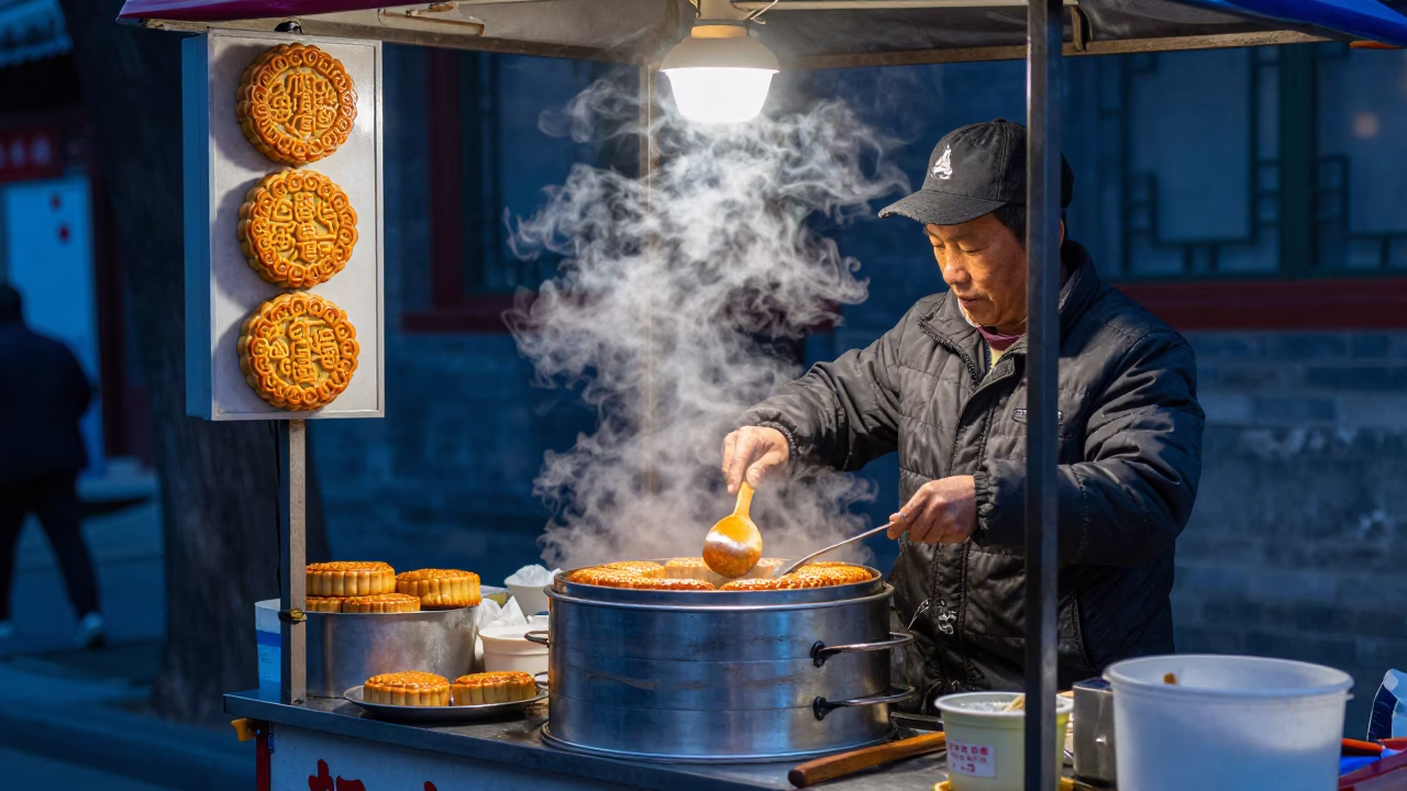 Evening street food vendor in Beijing serving mooncakes under signal gantry in in Beijing, China