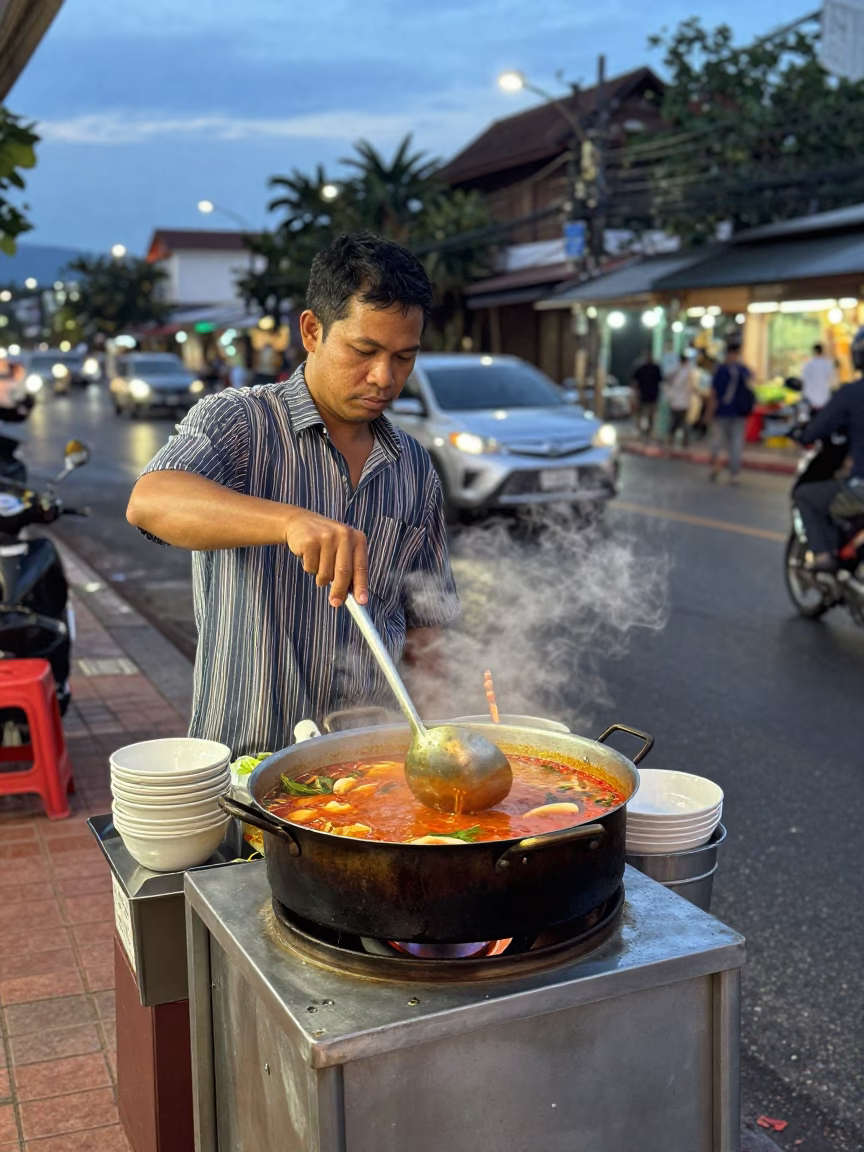 Evening Street Food Vendor in Chiang Mai Thailand Cooking with Ladle in in Chiang Mai, Thailand