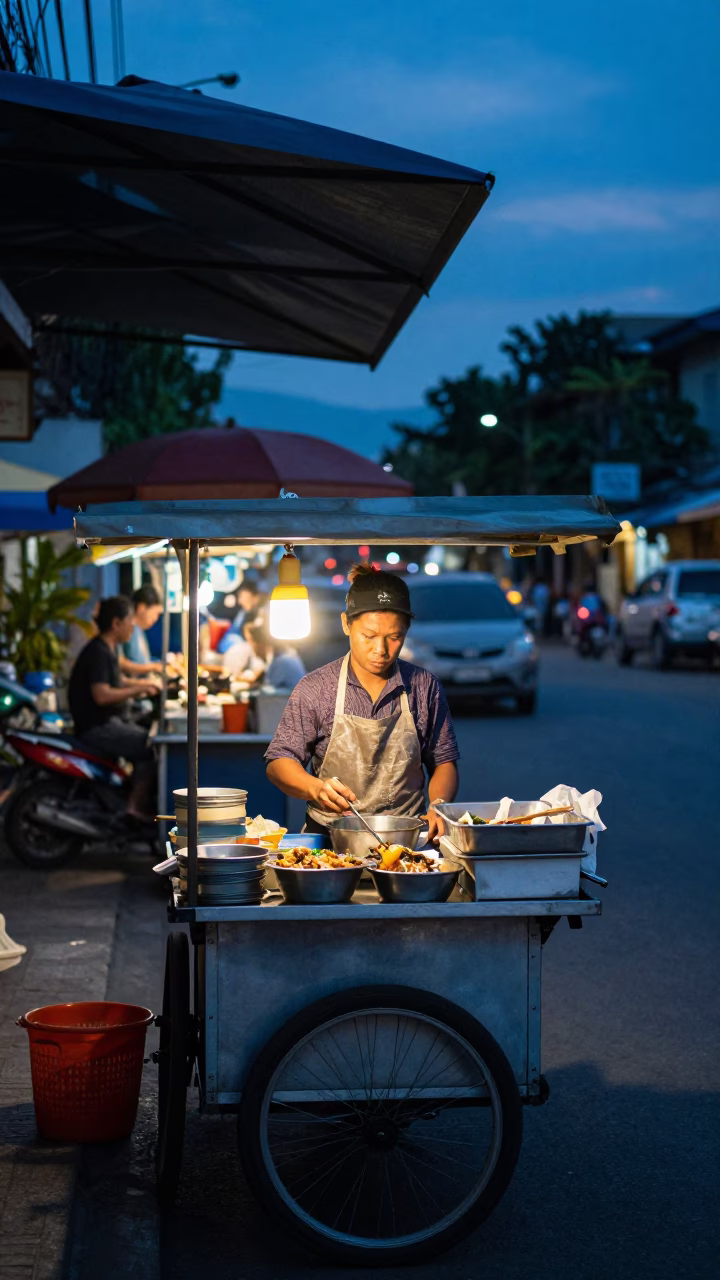 Evening Street Food Vendor in Chiang Mai Thailand Serving Khao Piak Sen in in Chiang Mai, Thailand