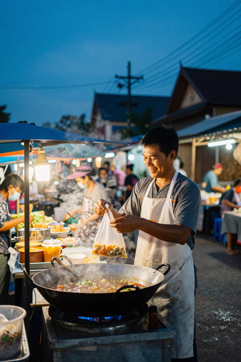 Evening Street Food Vendor in Chiang Mai Thailand with Amulet and Local Interaction in in Chiang Mai, Thailand