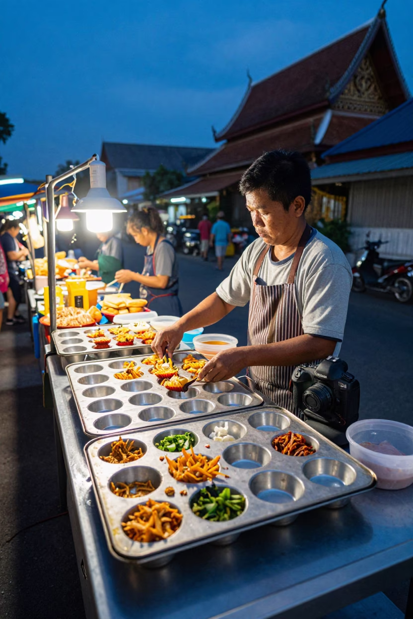 Evening street food vendor in Chiang Mai Thailand with muffin tins and newspaper stacks in in Chiang Mai, Thailand
