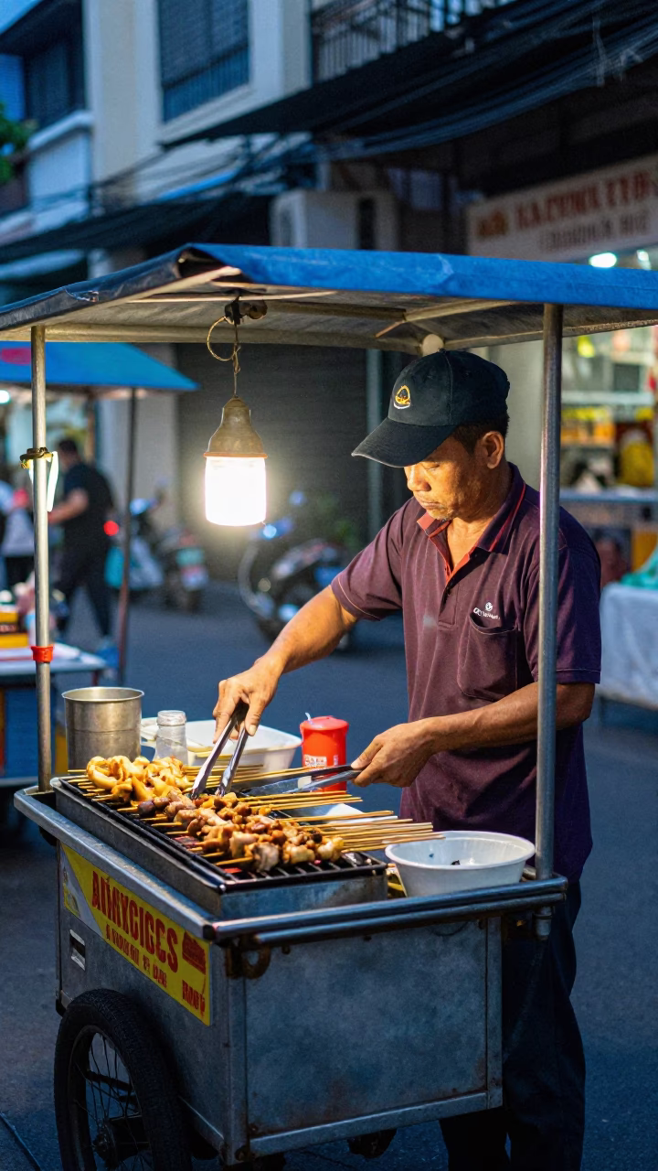 Evening street food vendor in Ho Chi Minh City with tongs and measuring cup in in Ho Chi Minh City, Vietnam