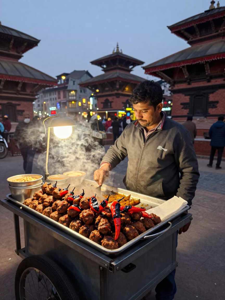 Evening Street Food Vendor in Kathmandu Serving Spicy Kofte with Grilled Peppers in in Kathmandu, Nepal