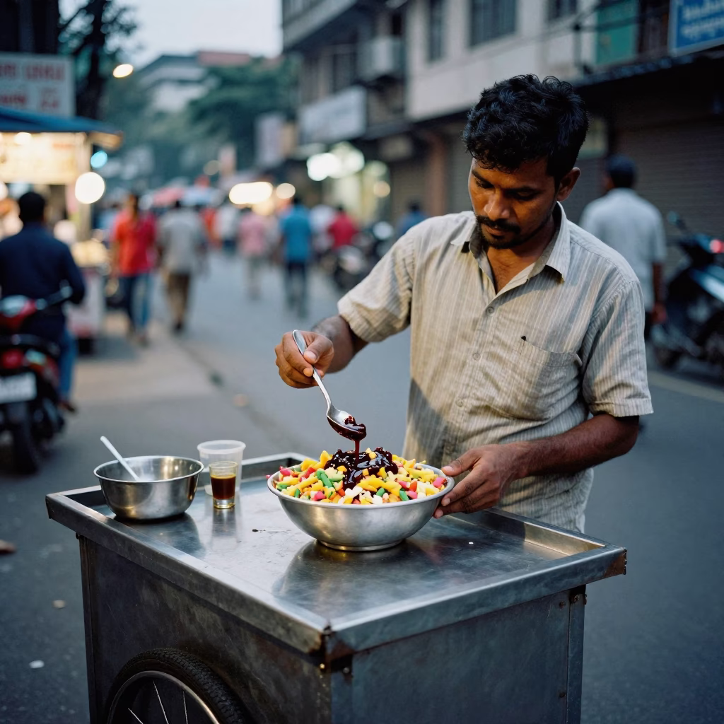 Evening Street Food Vendor in Kolkata India with Chaat Bowl and Tamarind Chutney in in Kolkata, India
