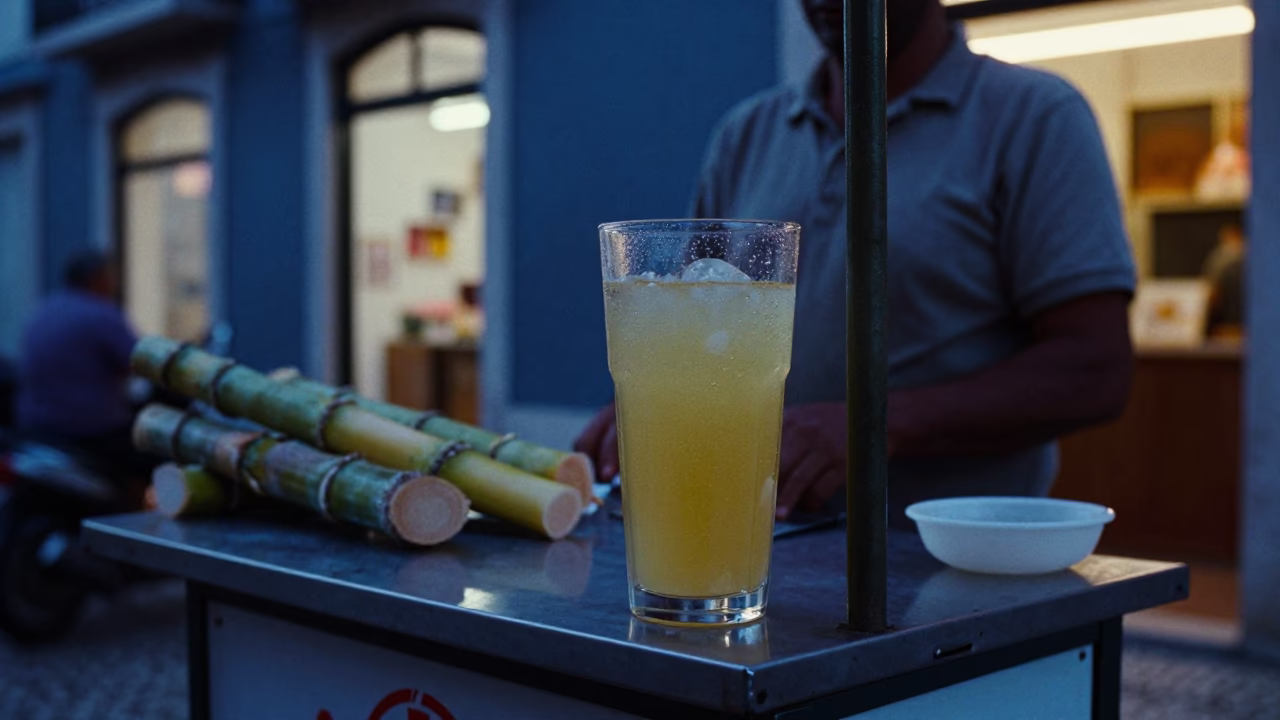 Evening Street Food Vendor in Lisbon Serving Fresh Sugarcane Juice Amidst Blue Hour Light in in Lisbon, Portugal