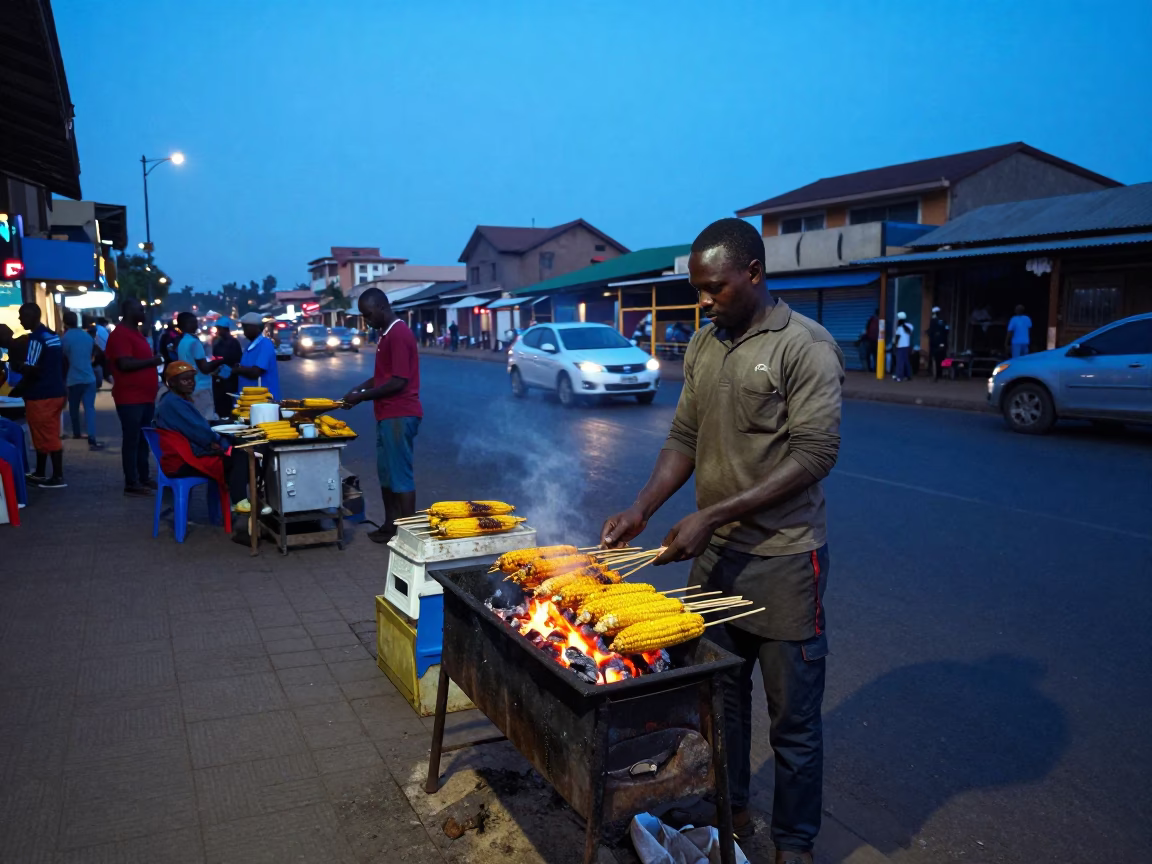 Evening Street Food Vendor in Nairobi Kenya Selling Grilled Corn and Charcoal Sticks in in Nairobi, Kenya