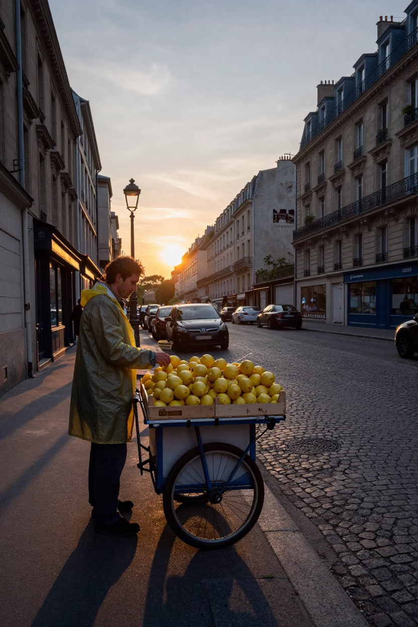 Evening Street Food Vendor in Paris with Lemons and Raincoats in in Paris, France