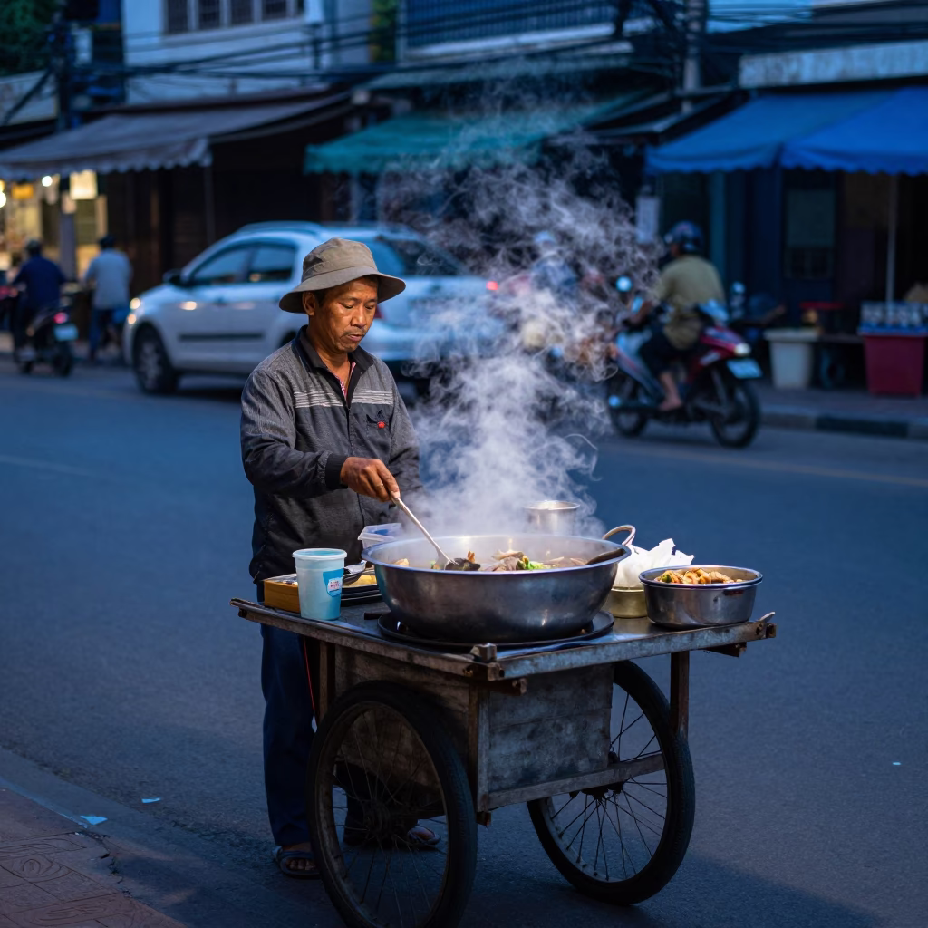 Evening street food vendor in Phnom Penh Cambodia with steam rising from hot bowl in in Phnom Penh, Cambodia