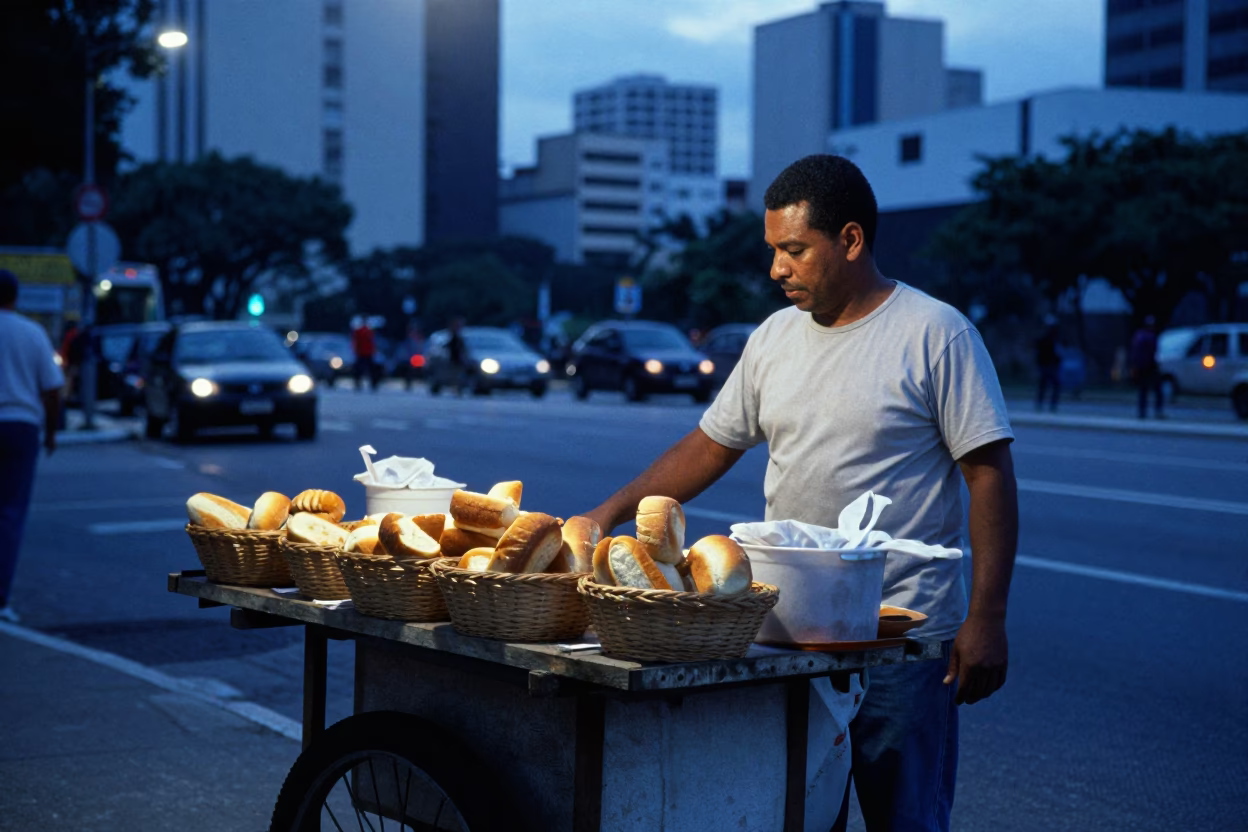 Evening Street Food Vendor in Sao Paulo Brazil with Woven Baskets and Doorknob Detail in in São Paulo, Brazil