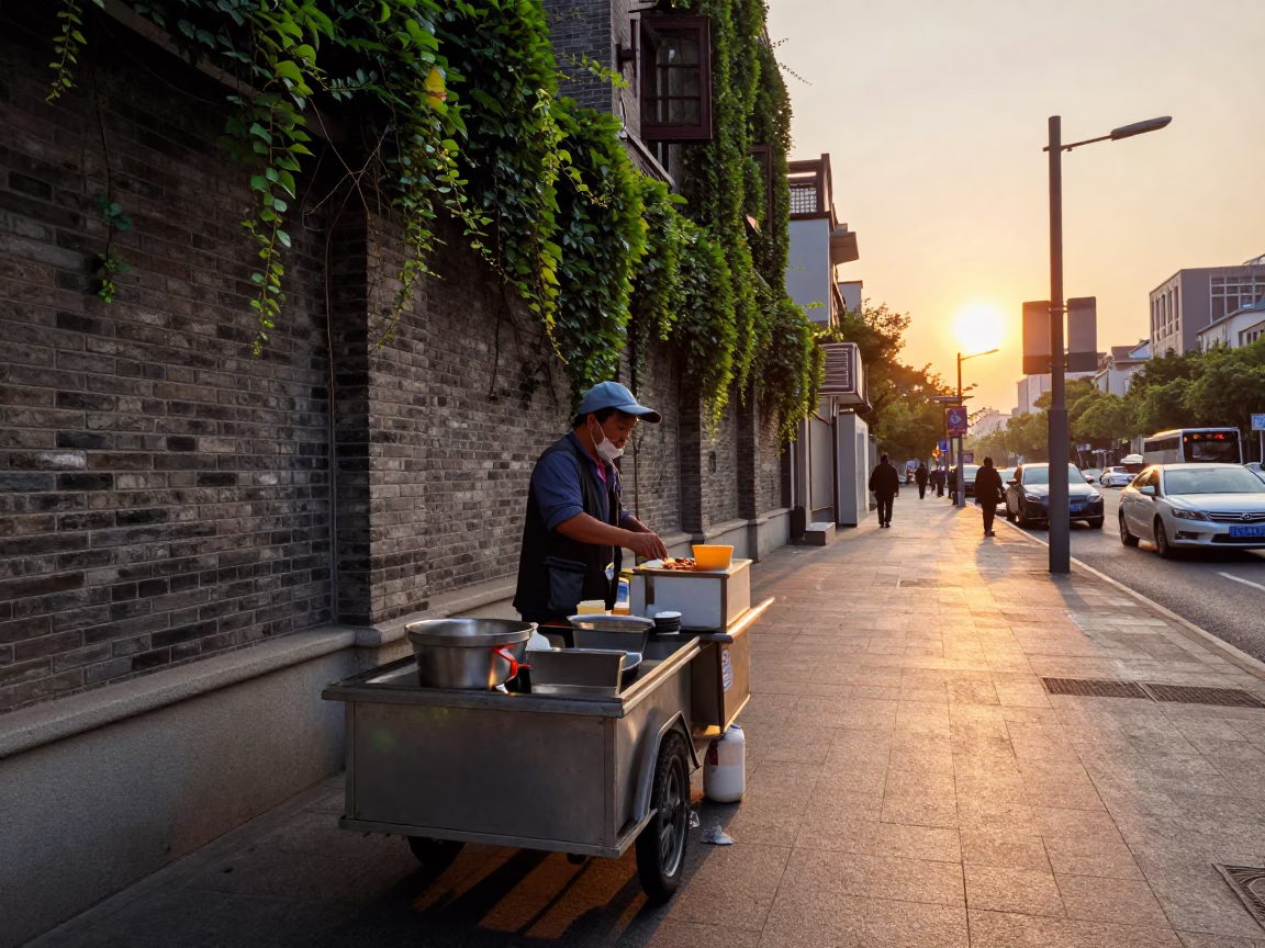 Evening Street Food Vendor in Shanghai with Ivy Vines and Ladle in in Shanghai, China